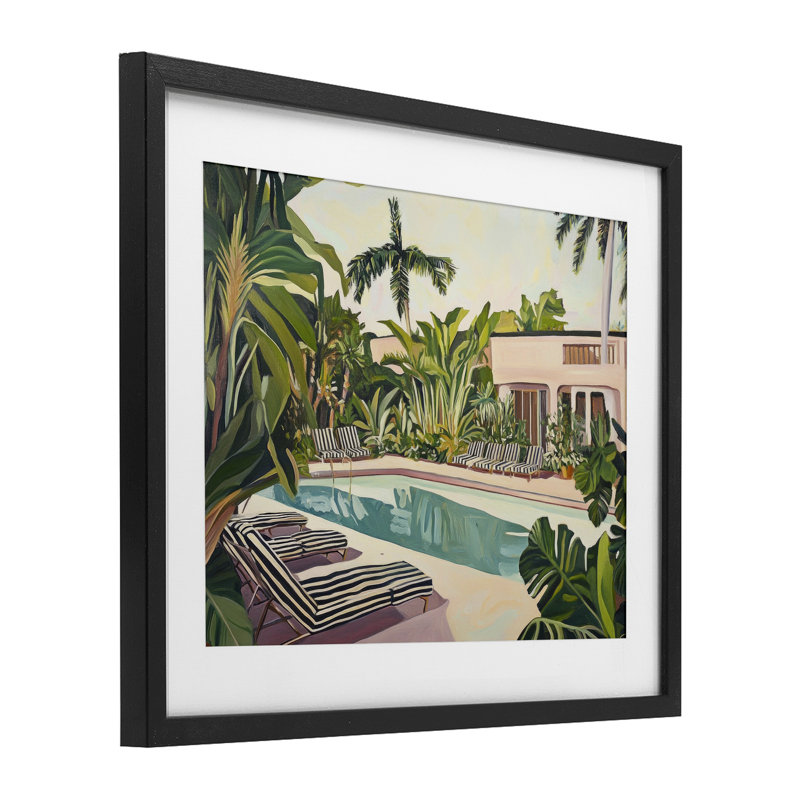 Chaises longues Poolside Resort, 13 x 16, Midnight Black Under Glass Framed
