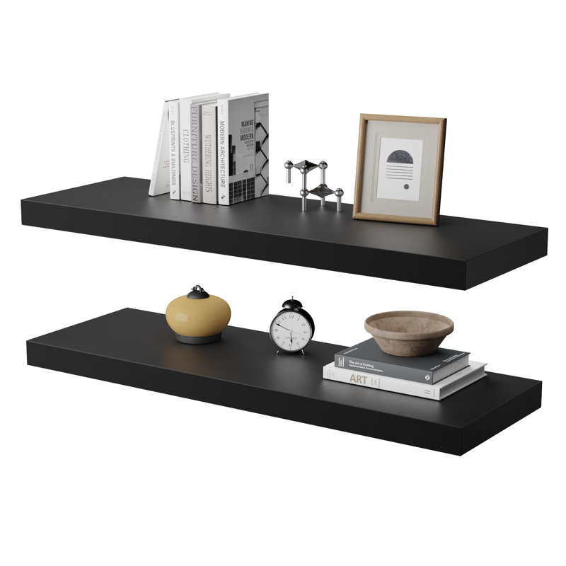  Large Floating Shelves for Wall Set of 2 Wooden Wall Shelves 36 in x 10 in x 1 in Room Decor Long Shelf with Invisible Wall Mount Bracket for Bedroom, Kitchen, Living Room, Black