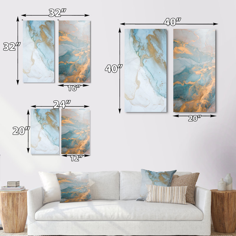 «Luxury Turquoise Gold Marbré Flow Art II», ensemble de 2 impressions sur toile, Toile tendue, H 20 po x l 24 po x P 1 po