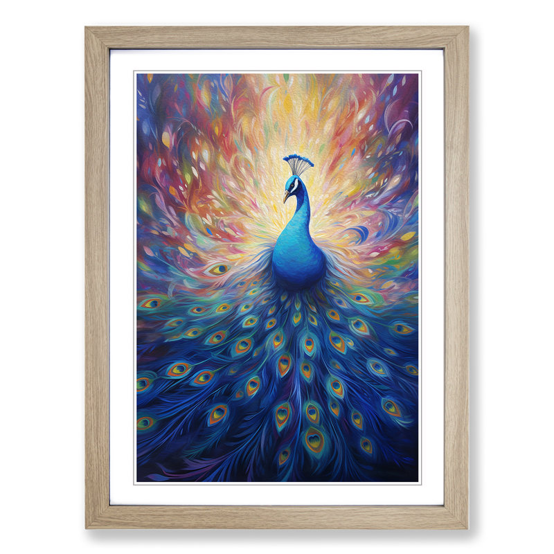 Peacock Symbolism - Single Picture Frame Print on Wood, 46cm H x 34cm W x 2" D, Oak Framed
