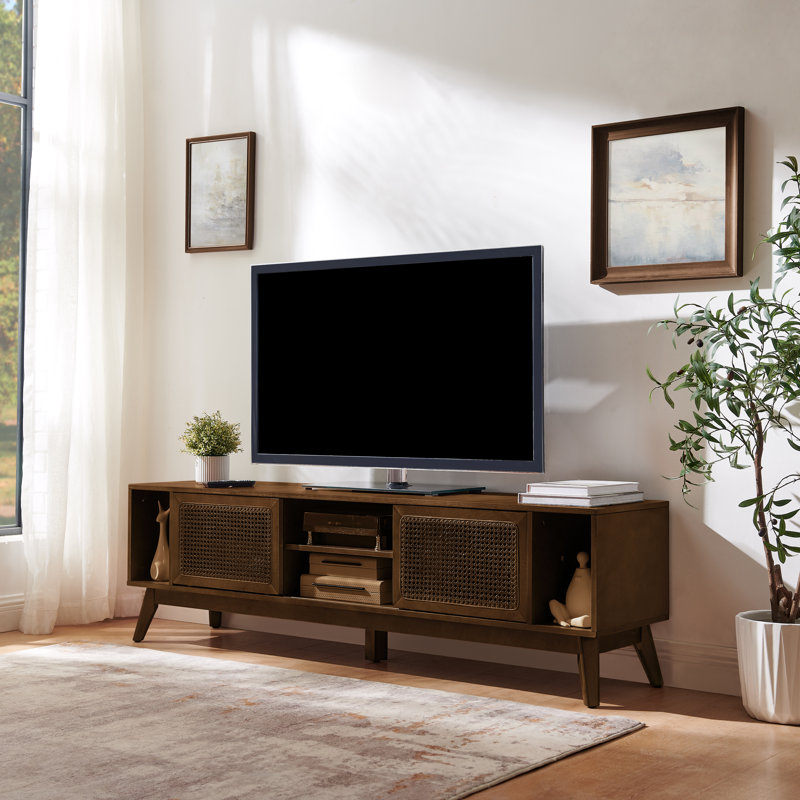 Mid-Century Modern TV Stand with Rattan Door Storage for TVs Up to 75 Inches, Walnut