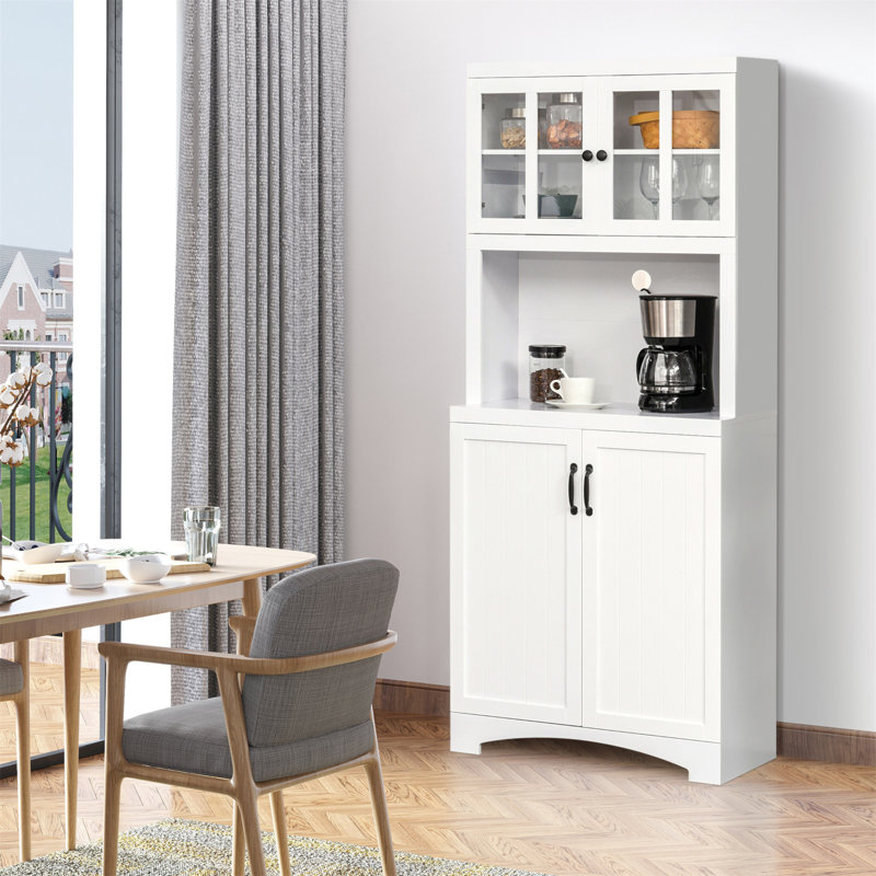 Huche de cuisine, garde-manger avec porte encadrée en verre, tablettes réglables et espace pour micro-ondes pour un rangement polyvalent