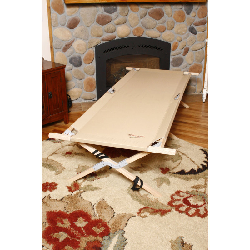Beige Wooden Folding Camping Cot with Polyester Fabric