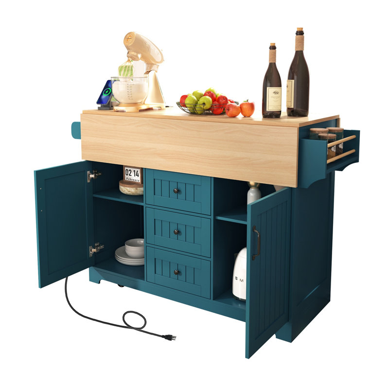 55.7'' Large Kitchen Island with 2 Drop Leaf,, Rolling Kitchen Cart on 5 Wheels with Power Outlet, Folding Storage Dining Table with Spice & Towel Rack , 3 Drawers