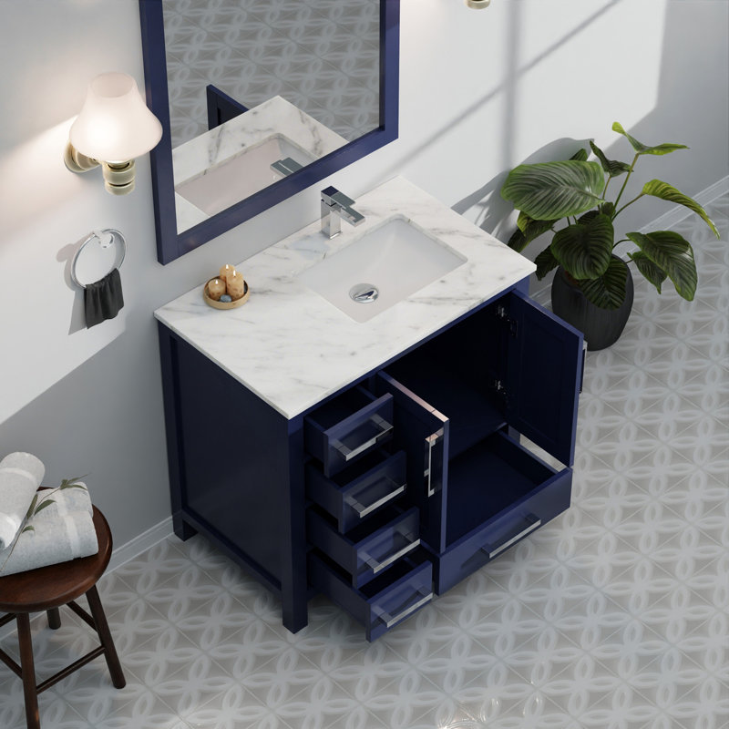 Meuble-lavabo l 36 po x P 22 po, décalé à droite et miroirs 34 po, Marine