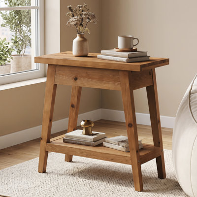 2-Tier Solid Wood End Table for Living Room,  Rectangle Side Table with Storage, Farmhouse Nightstand for Bedroom, Living Room, Small Spaces (Natural Brown) (1)