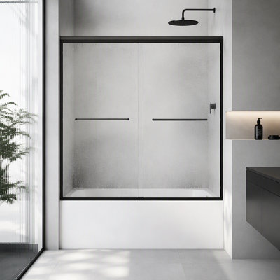 Porte de douche coulissante double pour baignoire, 142-152 cm (L) x 147 cm (H), porte de baignoire semi-encadrée, verre trempé de 6 mm avec film anti-explosion, cadre en alliage d'aluminium réglable, noir mat GF-26D03-T60MBX