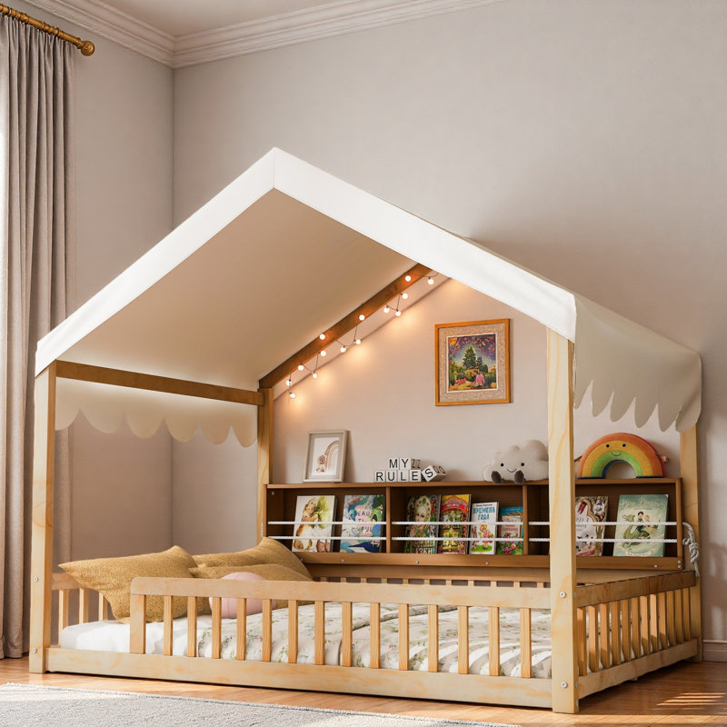 Lit en bois avec auvent, 3 étagères de rangement et lumière DEL, Naturel / naturel