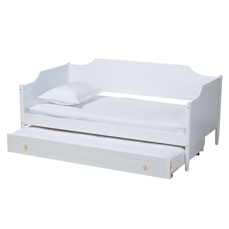 Lit de jour avec couchette en bois massif, Blanc, Lit simple