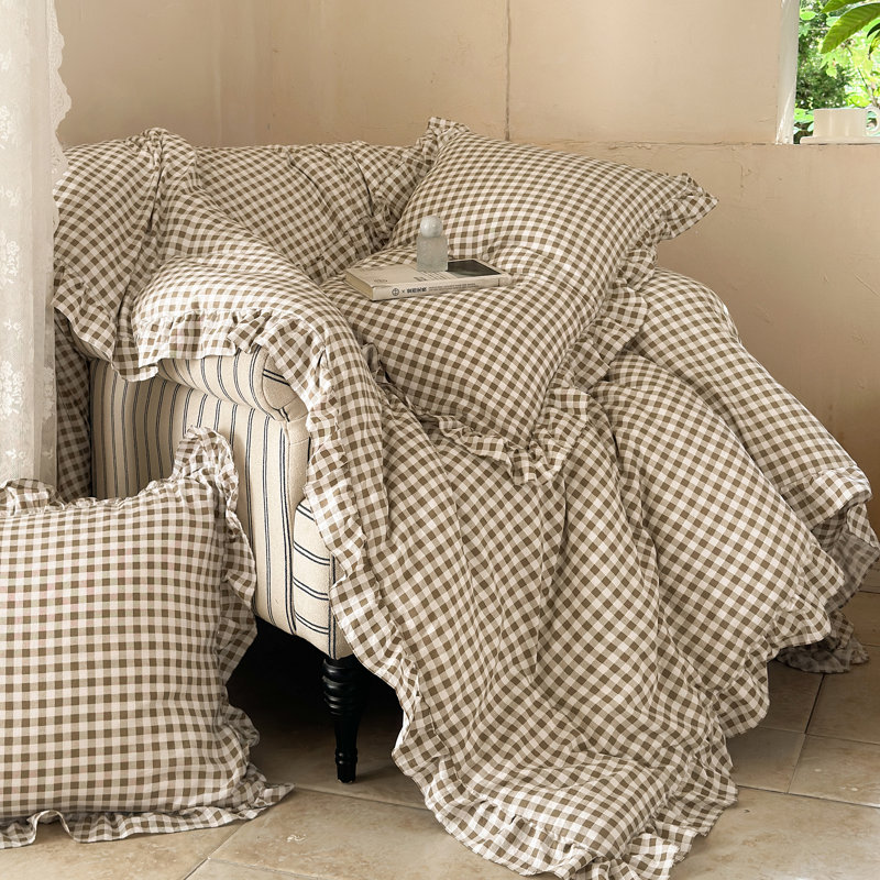 Ensemble d'édredon à volants en microfibre Gingham, Lit simple, Guingan brun clair