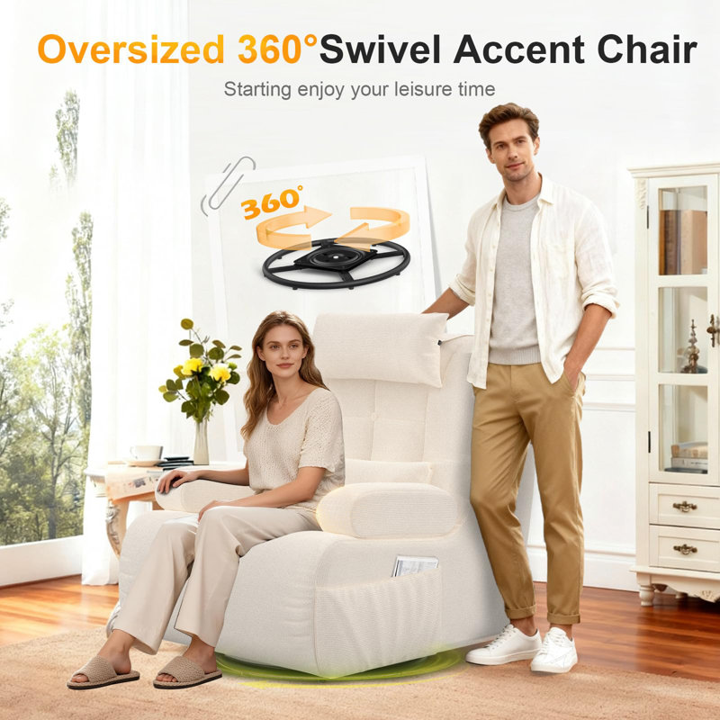 Three-in-one, Multi-functional Rotatable Sofa Chair, Enlarged and Widened Soft Cushion Armchair, with Two Cushions and Side Storage Pockets, Thickened Seat Cushion and Backrest, Suitable for Living Room and Bedroom