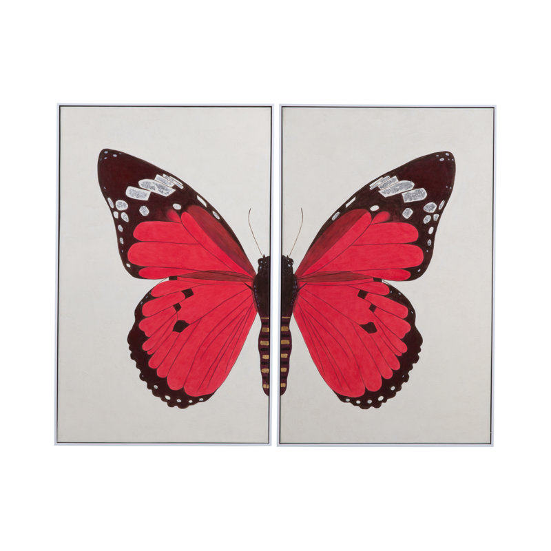 Butterfly Hand-Painted 2-Piece Framed Canvas Wall Art in White
