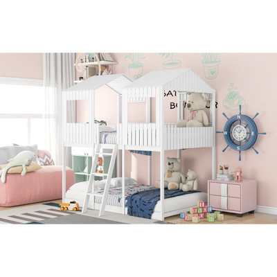 White Full Over Bunk Bed - With Guardrail For And Roof, Window Amusement Wood With Window, & White, Safe 6 Years Old