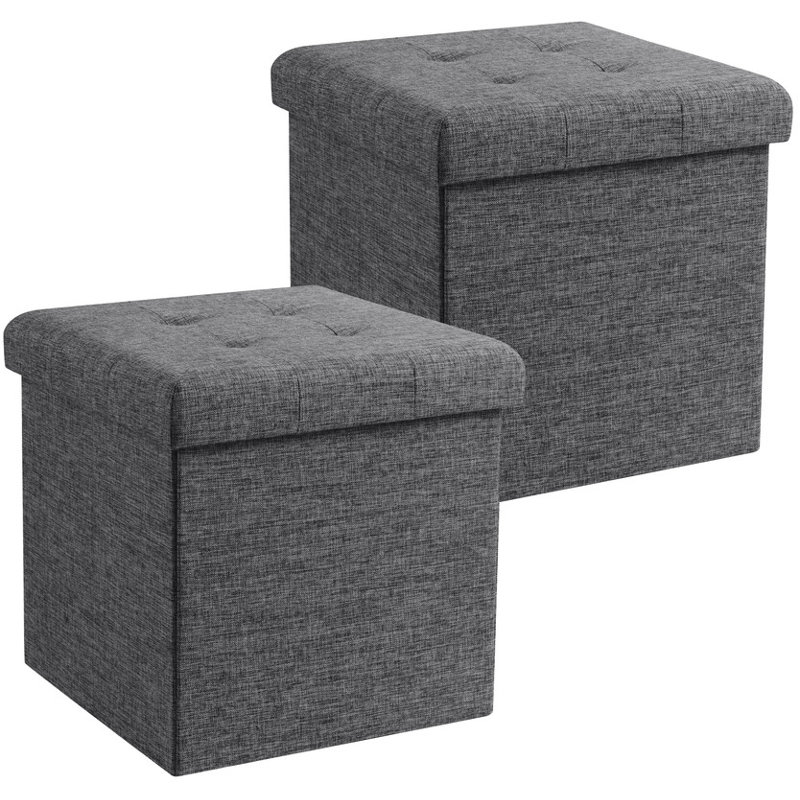 Square Upholstered 15" Inch Storage Ottoman - Set of 2, Dark Gray
