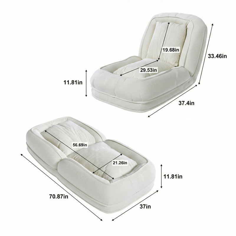 Canapé-lit rembourré convertible qui convient aux adultes et aux animaux de compagnie, avec une conception pliable avec 5 positions d'inclinaison réglables, comprend deux coussins moelleux, idéaux pour la chambre à coucher, le salon ou un coin lecture, fini en blanc cassé.