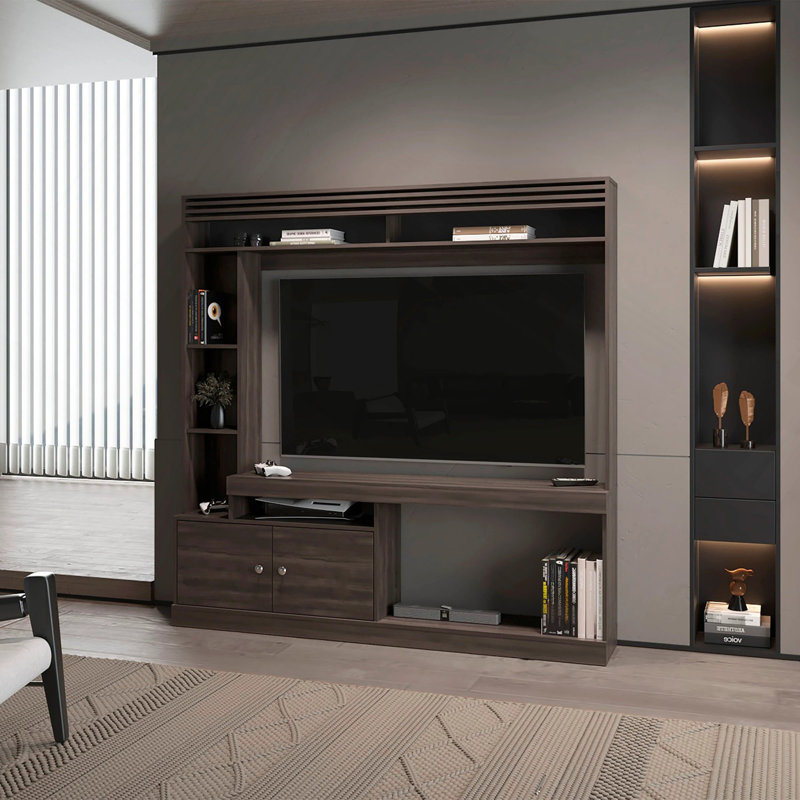 Stained Walnut Entertainment Centre With 2-Door And Open Storage