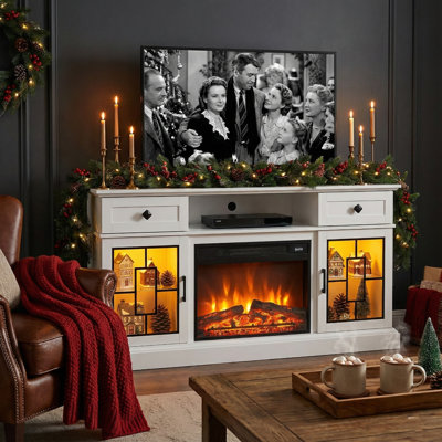 60" Entertainment Center With Heater & Remote, TV Stand With 2 Drawers, Patterned Glass Cabinets & LED Ambiance by Orren Ellis