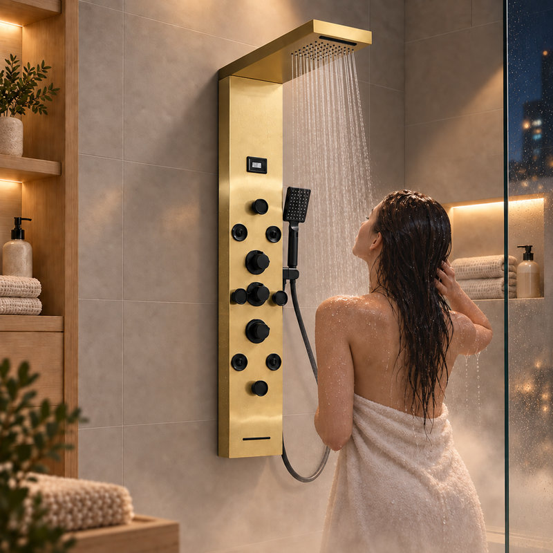 Colonne de douche de 132 cm (52 ​​pouces), inverseur 6 voies en acier inoxydable avec pommeau de douche effet pluie, jets de massage corporel, douchette et indicateur de température numérique