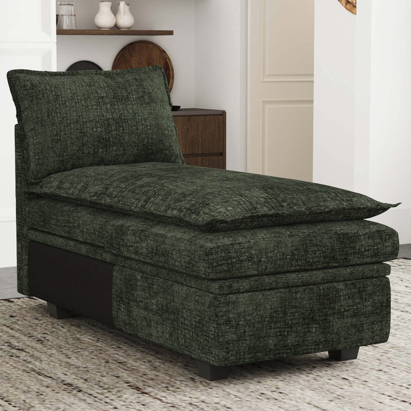 Luna Chenille Storage Chaise For Modular Sectional Sofa, Green Chenille