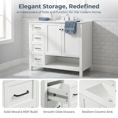 Meuble-lavabo de 36 po avec comptoir de lavabo, armoire en bois massif et panneau de fibres à densité moyenne, deux portes et deux tiroirs, tablette ouverte, lavabo en céramique avec trop-plein, meuble-lavabo de rangement moderne autoportant pour petites et moyennes salles de bain
