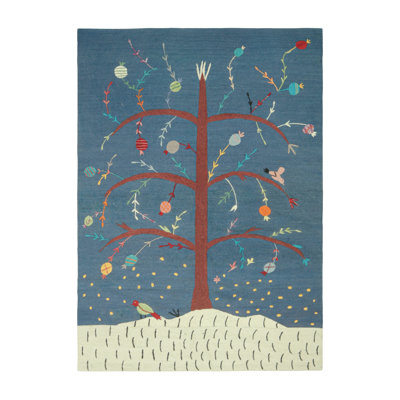Rug & Kilim’S Suzani Style Kilim In Blue With Polychrome Tree And Bird Pictorial