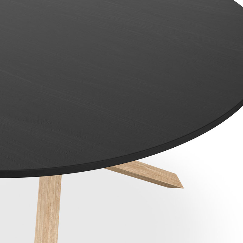 Davasher Round Dining Table Black Table Top w Solid Oak Legs, White, Tan