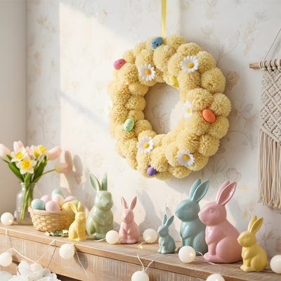 Couronne de pompon en laine de 11,8 pouces, décoration de porte d'entrée de Pâques, couronne de boule en feutre coloré, décoration suspendue pour les fêtes, les murs, les fenêtres et la décoration intérieure