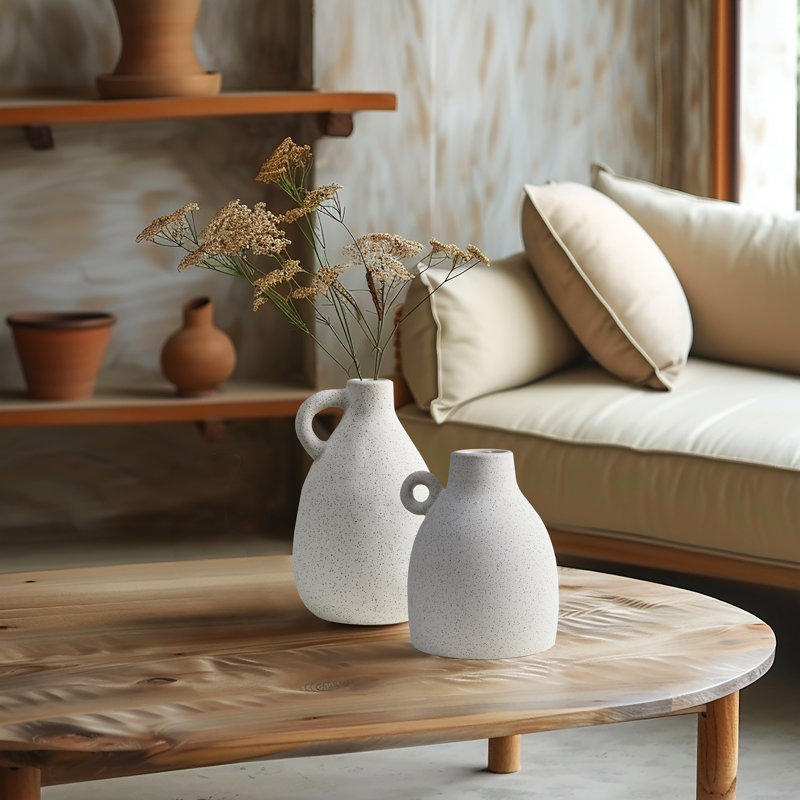 6.9" H Modern Ceramic Vase with Handle, Speckled White Decorative Vase