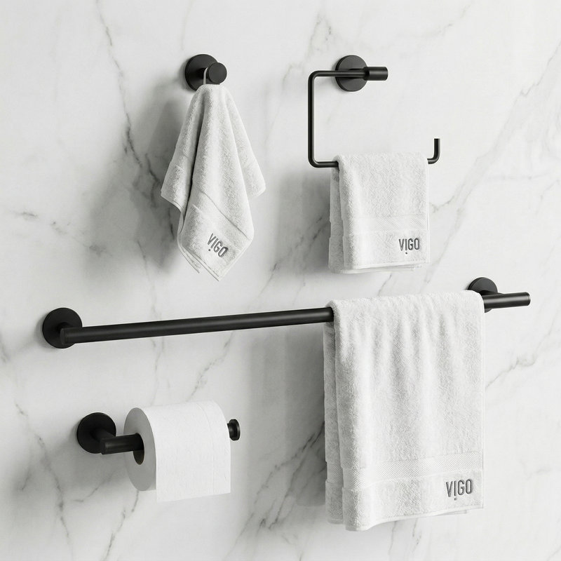 VIGO Elan 4-Piece Matte Black Bathroom Hardware Set with 24-in Towel Bar, Toilet Paper Holder, Hand Towel Holder and Hook