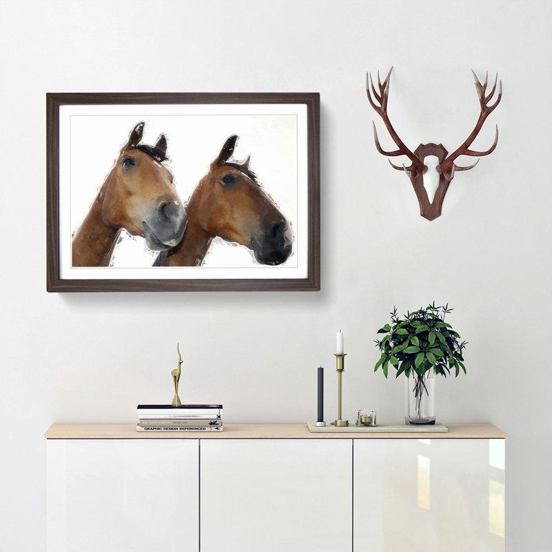 Two Chestnut Brown Horses in Abstract - Picture Frame Painting Print, 36cm H x 48cm W x 2cm D, Walnut Framed