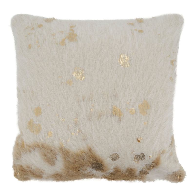 Ivory and Gold Faux Cow Hide Square Throw Pillow