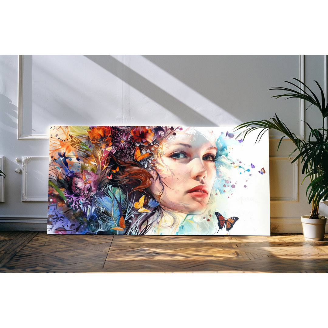 Wandbild 120x60cm Porträt einer jungen Frau Blumen Schmetterlinge Kunstvoll