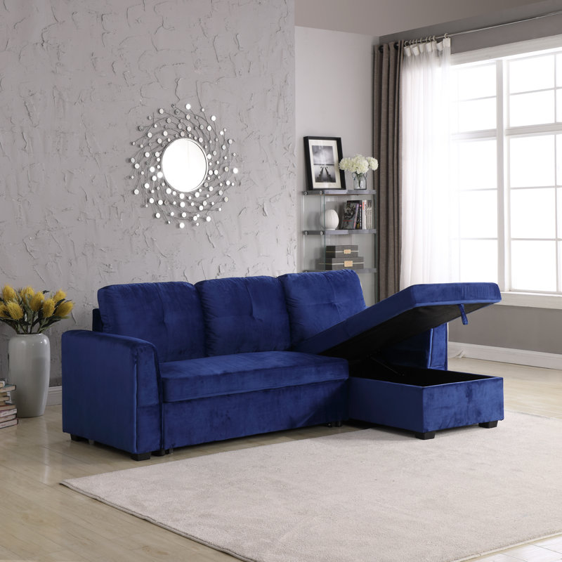 Pancoast 91" Wide Velvet Reversible Sleeper Sofa & Chaise, Blue Velvet