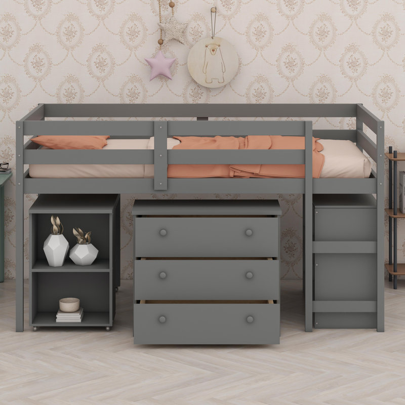 Lit mezzanine avec armoire et portable, Gris