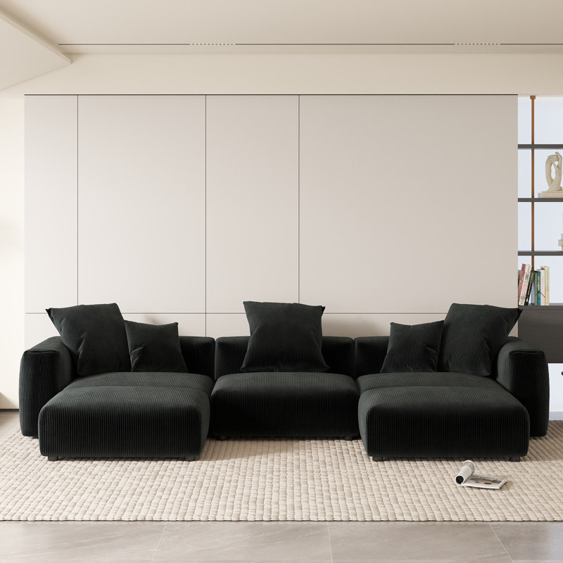 Olivery Boneless Nedek Upholstered 5-Piece Modern Modular Cloud Corduroy Fabric Sectional Sofa With Ottoman, Black Corduroy