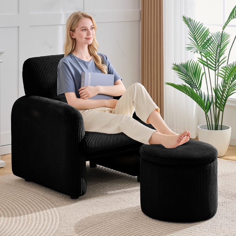 Round Corduroy Storage Ottoman with Reversible Tray Lid, Black