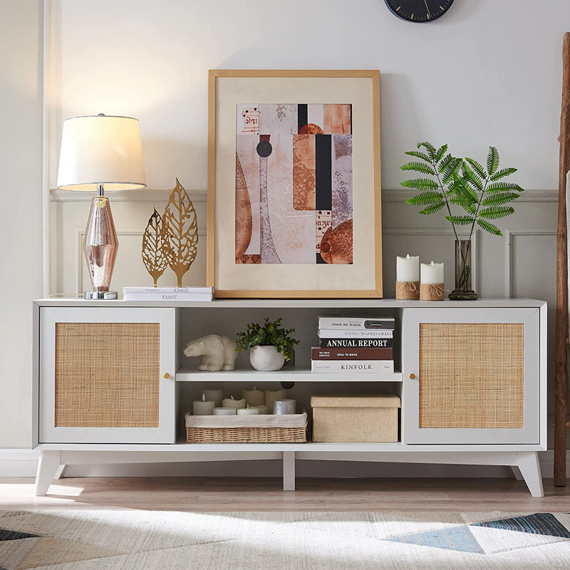 Linets Natural Rattan TV Stand,TV Console Table With Adjustable Shelves For TVs Up 75", White