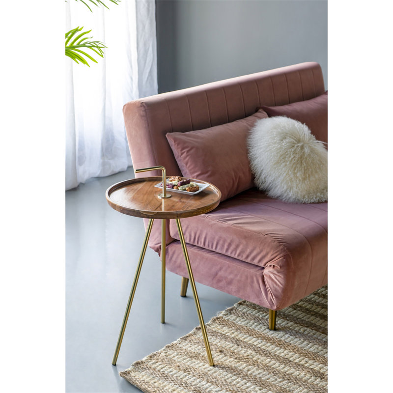 Table d'appoint en bois d'acacia avec pieds en acier à trépied, brun / or, 16 po x 23,5 po