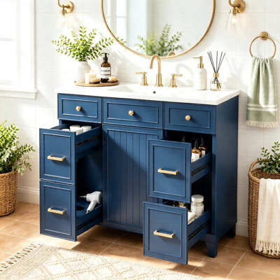 Meuble-lavabo 36 po avec lavabo en céramique, cadre en bois massif bleu, portes à fermeture douce, tablettes réglables, 3 tiroirs, y compris un tiroir à double profondeur pour le rangement du sèche-cheveux