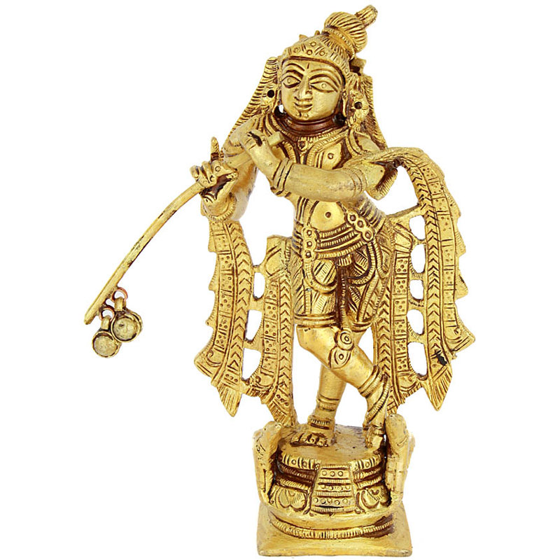Statue de Bhawawan Krishna en laiton fabriquée à la main de 5 po - Vitthala Krishna