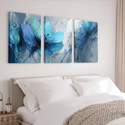 Ensemble de 3 tableaux abstraits floraux bleus sur toile tendue