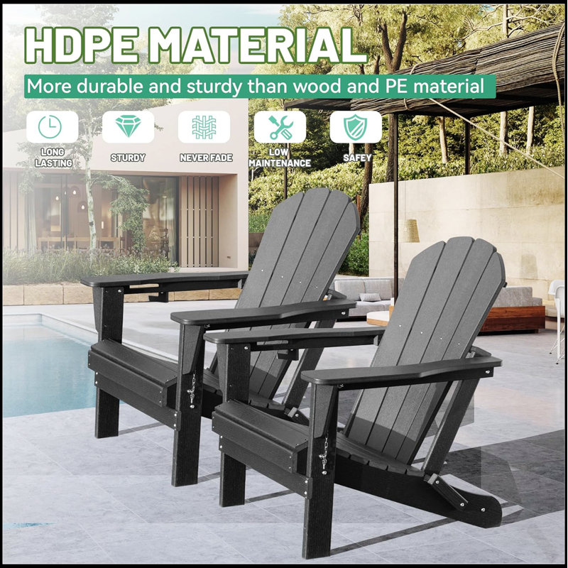 Weather-Resistant HDPE Adirondack Chairs Set Of 2 With Cup Holders, Perfect For Outdoor Relaxation And Easy Storage, Gray, 2