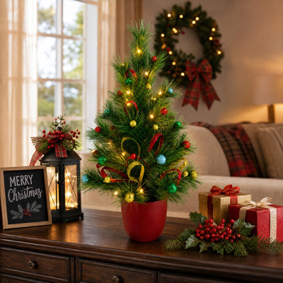 Sapin de Noël artificiel pré-illuminé de 90 cm avec 40 lumières et décorations de boules, ruban rouge et or de 90 cm, centre de table pré-illuminé avec minuterie