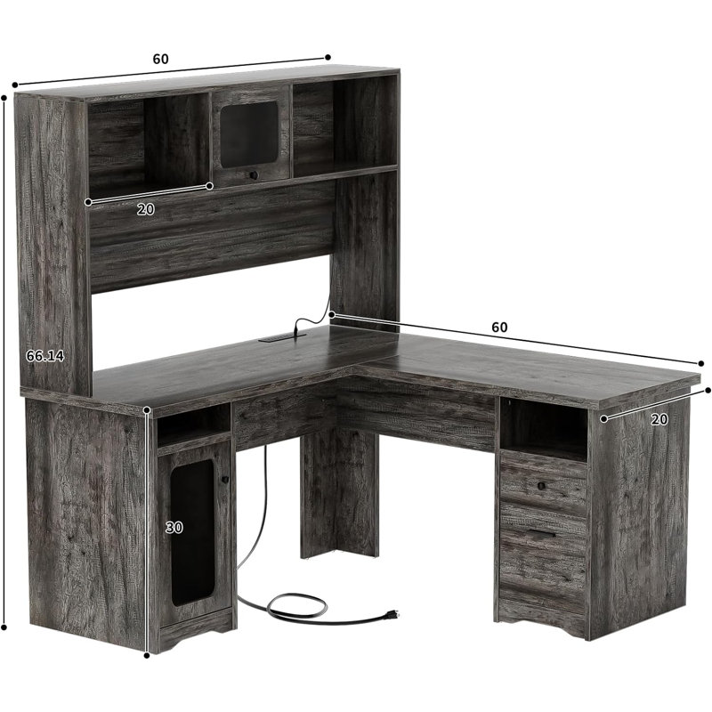 Vello L Shaped Executive Desk with Drawers, Power Outlet, LED Lights, Hutch and File Cabinets, Gray