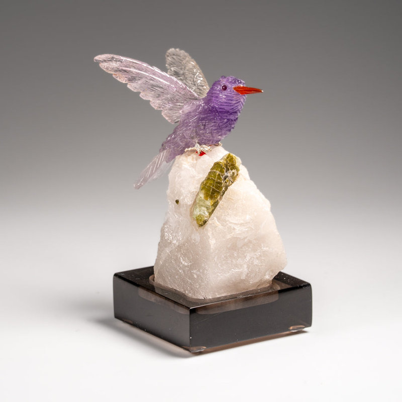 Genuine Polished Hand Carved Fluorite Hummingbird On A Green Tourmaline In Albite Matrix (4"H)