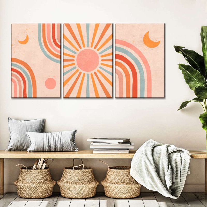 Soleil et lune, ensemble de 3 toiles abstraites sur toile, H 27 po x l 56 po x P 1,25 po