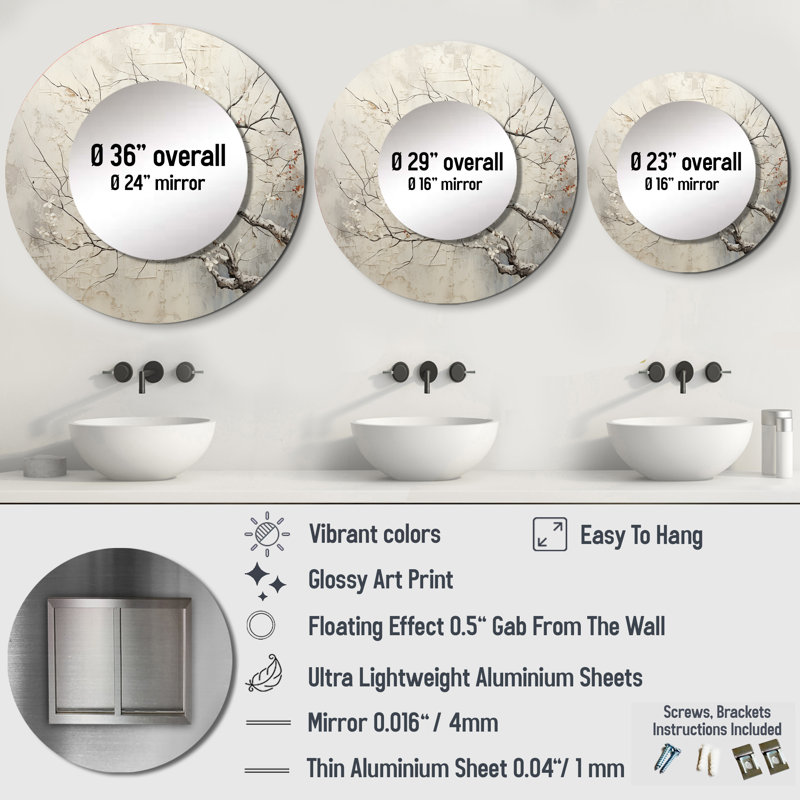 Arbre monochromes Whispers of Beige - grand miroir mural monochrome, miroir décoratif rond beige, impression sur métal