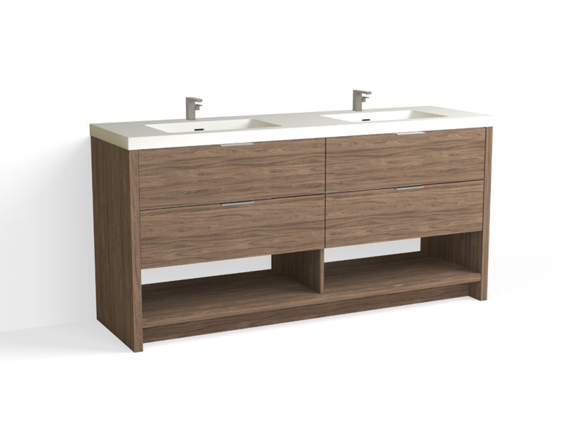 Vue 72" W Freestanding Double Bathroom Vanity, Nocino, Satin Nickel, Glossy White/Single