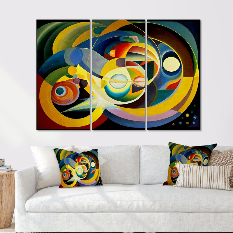 Origine du monde, couleurs rétro - ensemble d'art mural géométrique, H 28 po x l 36 po x P 1 po, Toile tendue