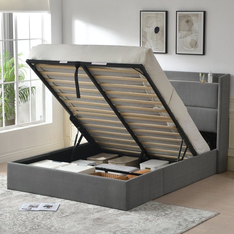 Upholstered Platform Bed with Hydraulic Lift, Gray, Queen